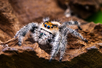 Orange Jumping Spider. Hunting for food.