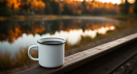 Enamel camping mug with hot coffee, overlooking a serene fall lake landscape.

