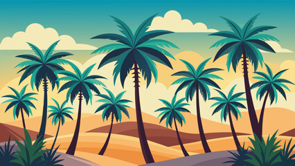 Vector illustration of vibrant illustration of palm trees against a colorful sunset sky with fluffy clouds