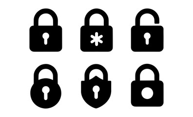 Black padlock icons set: security and privacy symbols for digital and physical protection design