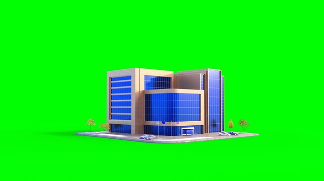 3D Animated Modern Office Building With Blue Glass Exterior, Parking Area, Greenery on Green Background.