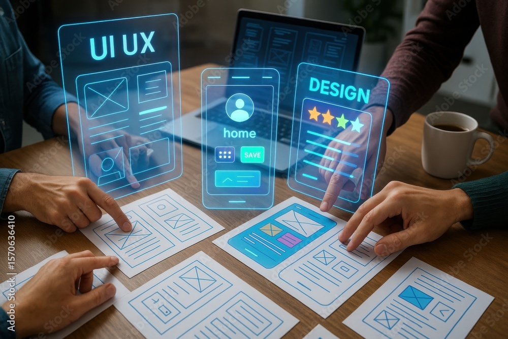 Poster digital design discussion: collaborative hands at work on innovative user interface (ui) and user ex