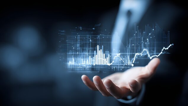 Businessman holding digital financial chart and growth analytics in hand, futuristic data interface concept