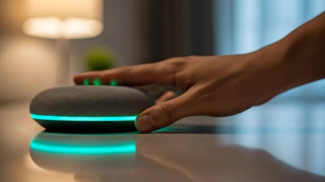 Hand activating smart speaker with changing LED light, modern home automation technology