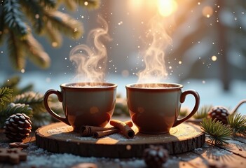 steaming mugs spiced hot cocoa cozy winter outdoor vibes rustic setup nature chill atmosphere comfort warmth, snow, outdoors, drink, beverage, relaxation