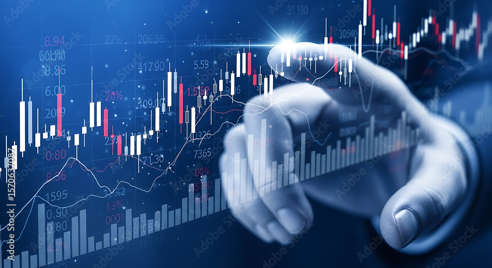 Poster analyzing financial data with interactive charts and graphs for investment strategy and market trend