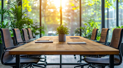 Obraz premium Business modern office open space with wooden table bokeh background blurred interior with panoramic windows and beautiful lighting