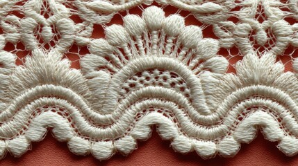 Closeup of Ivory Scalloped Lace Knit Fabric Texture