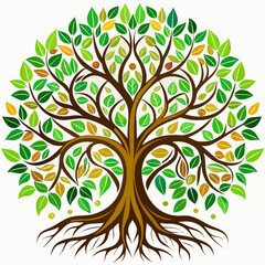 Vector illustration of stylized tree of life with vibrant green and yellow leaves, isolated on white background
