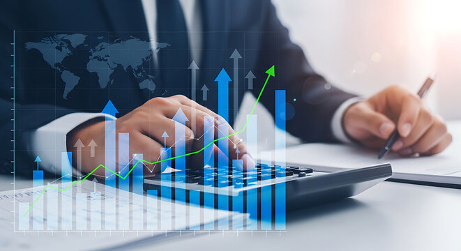 Business Growth Analysis with Financial Data and Calculator Showing Positive Trends and Global Market Expansion Strategy for Success