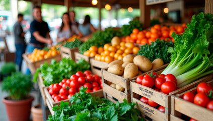 Stalls are filled with colorful fruits and vegetables, showcasing tomatoes, lettuce, potatoes, and oranges while shoppers enjoy a sunny afternoon at the market.