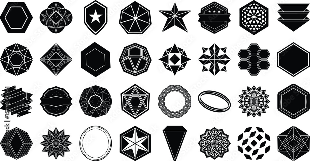 Poster collection of various geometric shapes and design elements isolated on transparent background.