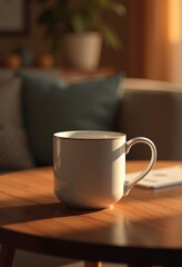 Obraz premium vacant coffee mug polished wood table sleek design warm ambiance evening relaxation, cup, beverage, drink, ceramic, interior, home, decor, texture, scene