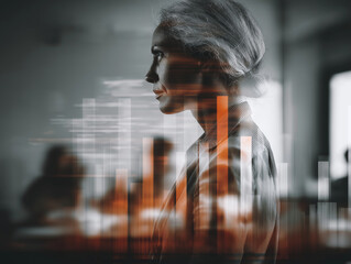 A mature female executive overlaid with digital bar graphs and business charts, in a modern office environment. The double exposure emphasizes wisdom, gender diversity in leadership.