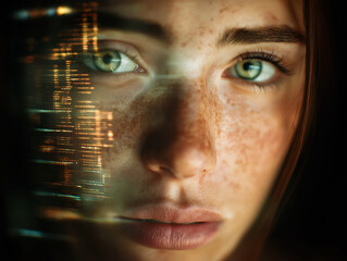 Contemplative male face overlaid with blue-hued data streams and glows. This image captures a moment of introspection within a digital age, reflecting human thought, decision-making.