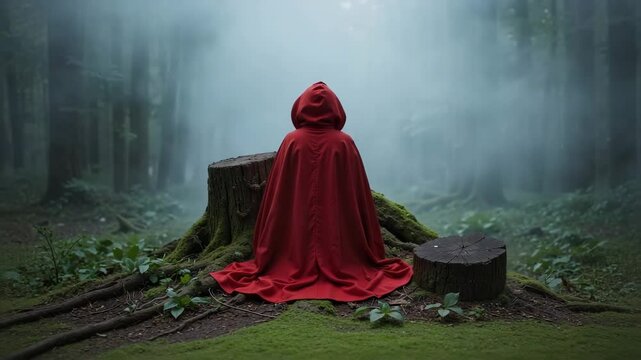 Person in red cloak sitting on stump in misty forest  