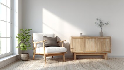 An inviting armchair bathed in sunlight a peaceful sanctuary within a minimalist interior design and