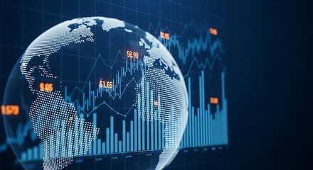 Global Market Analysis Dot Matrix World Globe Overlayed with Financial Charts and Data for Business and Investment Decisions in Blue Tone