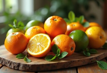 vibrant citrus fruits assorted rustic wooden cutting board fresh colorful juicy display healthy lifestyle, orange, lemon, lime, grapefruit, slices, segments