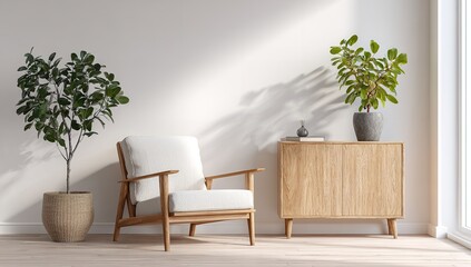 Serene reading nook with a cozy armchair surrounded by indoor plants and sunlit wall in a minimal