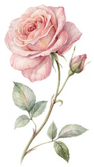 Watercolor Rose Bloom Bud Stem Leaves Floral Botanical Illustration