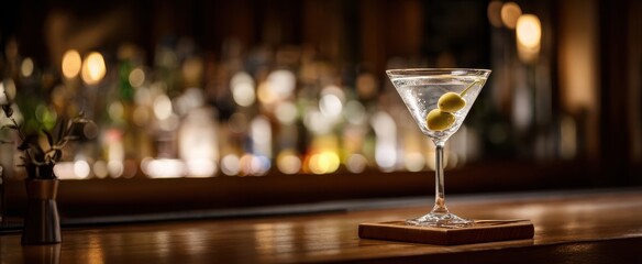 The classic martini served with olives in a dimly lit bar setting.