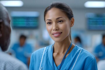 Obraz premium Friendly nurse smiling and talking with patient in hospital or clinic