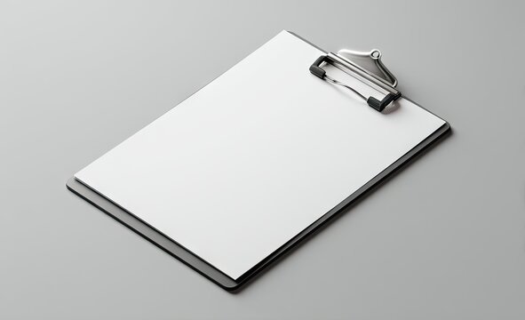 A clean, blank clipboard with a metal clasp sits on a neutral gray surface, angled slightly to the left.  The paper is pristine white