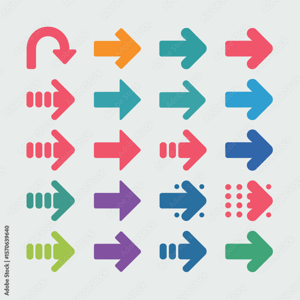 Poster collection of colorful arrows various styles and directions simple flat design icons set for web des