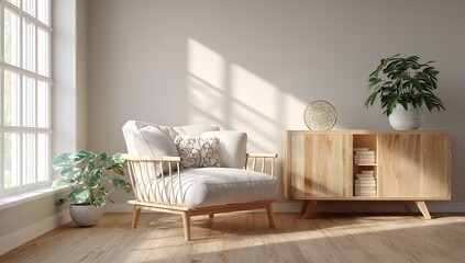 A serene reading nook bathed in sunlight inviting calmness and introspection styled in neutral tones