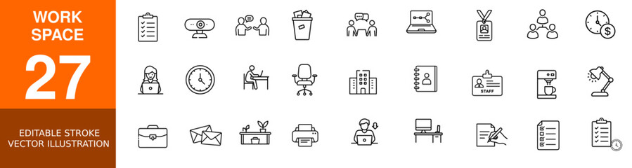 Editable Stroke Line Icons – Office Workspace, Corporate Tools, and Business Equipment Vector Set