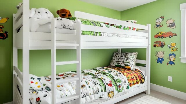 White-painted bunk beds in room with bright green walls, cartoon decals and cozy blankets with themed patterns