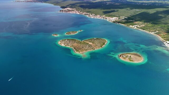 Drone video of the beautiful Galesnjak, the Heart-Shaped Island in Croatia's Adriatic Sea, also known as Lovers Island or Otok za Zaljubljene.	
