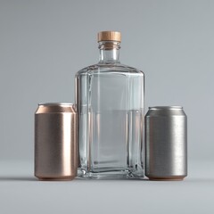 A clear glass bottle with a wood top sits between two metallic cans, one copper and one silver, on a neutral background