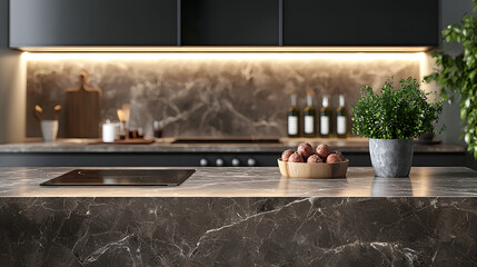 Close-up Marble granite kitchen counter island for product display on modern bright and clean kitchen space. 3d rendering, 3d illustration