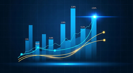 Abstract Financial Growth Chart with Upward Trend Lines and Bar Graph on Dark Blue Grid Background