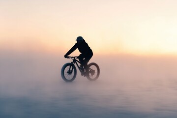 Obraz premium Cyclist navigating through fog at sunset, showcasing determinati