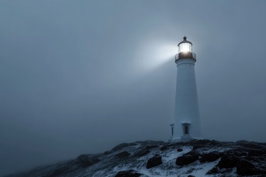 Tall lighthouse shines bright in misty night, guiding ships thro