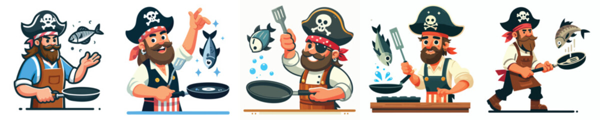 Pirate Chef Cooking Fish – Flat Vector of Funny Cartoon Buccaneer Frying Seafood