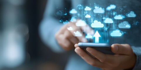 A person using a smartphone to upload data to the cloud with digital icons and network connection