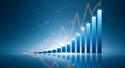 Financial Growth Chart with Bar Graph and Line Graph Showing Positive Trends in a Blue Toned Background