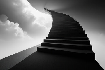 A monochrome image of a staircase leading upwards into a cloudy sky in a surreal composition
