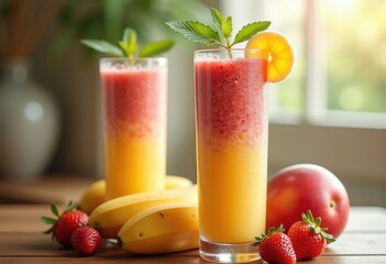 vibrant fruit smoothie glass fresh mint garnish bright colors refreshing health drink, beverage, juice, nutrition, berry, citrus, banana, kiwi, strawberry