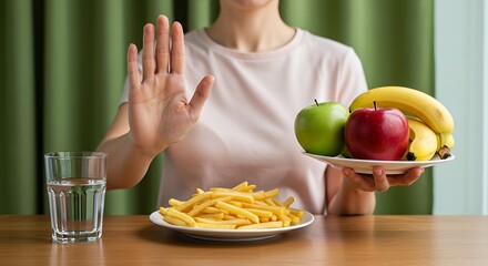 Weight loss journey: choosing fruit over fries, emphasizing better food habits.


