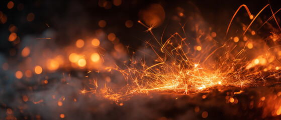 Dramatic fire sparks erupting outdoor setting close-up photography nighttime ambience abstract concept