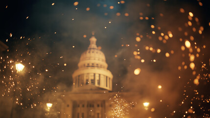 Celebratory fireworks display over historic capitol building nighttime photography urban environment dynamic perspective