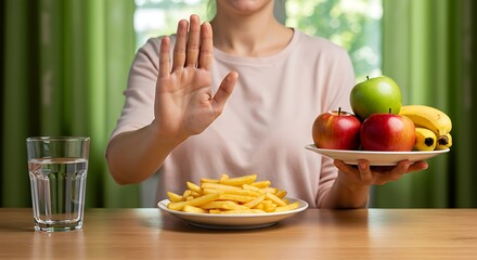 Healthy lifestyle choice: person saying no to french fries, yes to fresh produce.

