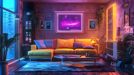 Concept art illustration of apartment living room interior in cyberpunk style. AI created a digital art illustration