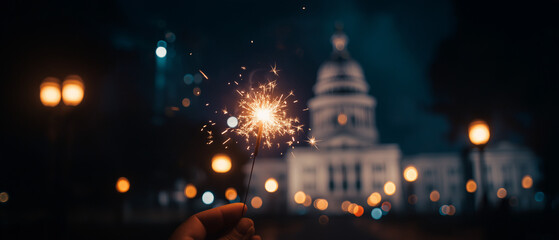Celebratory sparkler lighting up the night city capitol event photography urban environment close-up festive concept