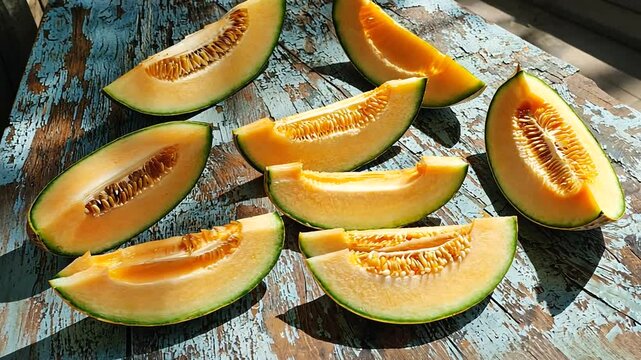 Freshly cut cantaloupe slices arranged on a rustic blue wooden table in bright sunlight